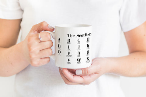 Scottish Alphabet Greeting Scots Saying Mug Housewarming Gift Minimalist Monochrome Typography Scotland Slang Definition Scottish Independence